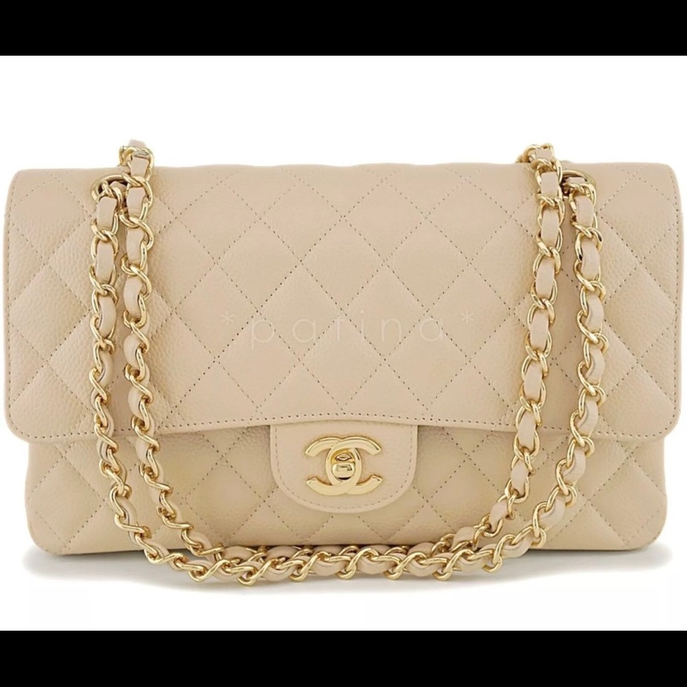 Authentic Chanel Beige Clair Caviar Medium Classic